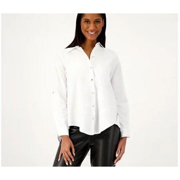 Attitudes by Renee Curved Hem Button Down Shirt White Medium - Picture 1 of 1